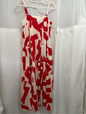 Abel the Label red and cream maxi dress with side pockets.